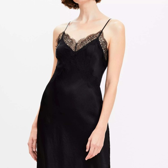 LOFT Black Satin Lace Trim Slip Dress NWT Cocktail Party Size Medium - Picture 1 of 7